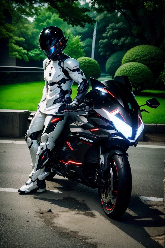 Handsome full body black mecha White short hair cyber handsome warrior, Black cybernetic motorcycle, High-tech black full face helmet, White short hair, Noel, biology, MSHN Staff, High-tech helmet, Surrealism, steel, Complex design, Crazy details, Fine details, The lines are very clear, Light, Photorealism, A meticulous masterpiece