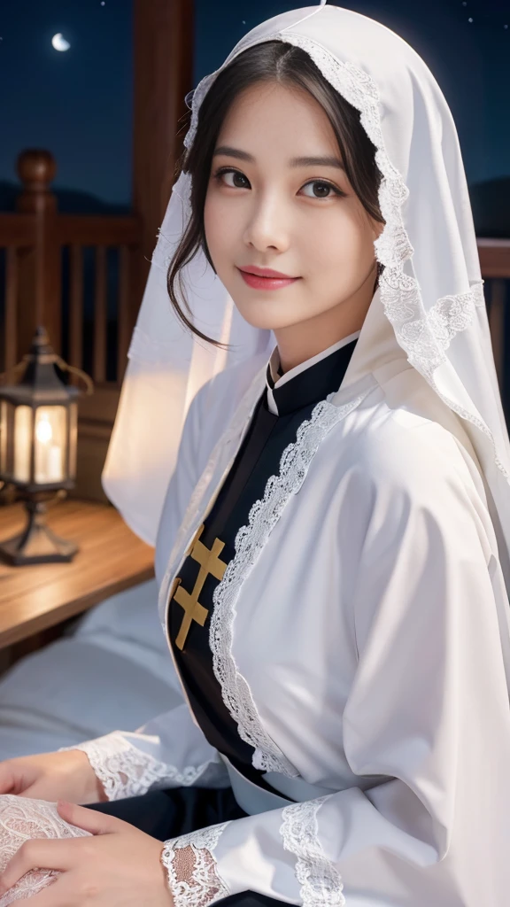 (She sits with her legs apart:1.5),(She shows the vagina to God:2.0),(A Ultra cute young Japanese nun:1.75),(she wearing a decorated with lace nun costume slim fit:2.0),(beautiful detailed eyes:2.0),beautiful detailed lips, (extremely detailed cute face:2.0), longeyelashes, (slender woman body:2.0), (beautiful short hair:2.0), (natural makeup,big smile:1.5), incredibly beautiful skin,(professional lighting, bright lighting, photorealistic, 8k, high resolution, best quality, masterpiece, ultra-detailed:1.75), vivid colors, (Moonlit Night:1.5),(The moonlight shines on her face:1.2),(She is in the convent:1.2)