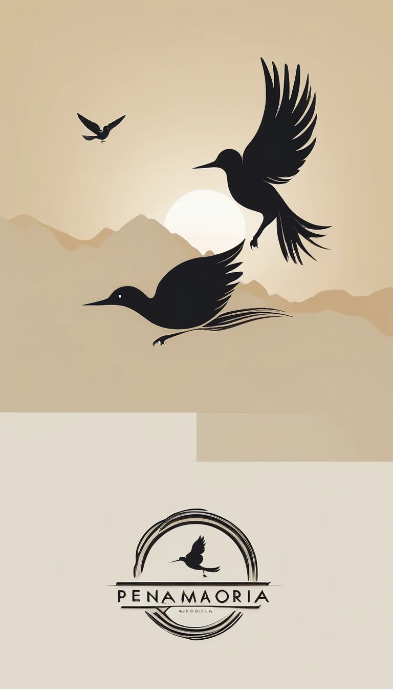 Create a modern, minimalistic logo design for a brand about music and movies called " Penamemoria". The logo must be in minimalistic style and convey a sense of storytelling. The logo is the silhouette of a boy and a bird. The boy is running with open arms, holding an acoustic guitar in the right hand and a bird feather in the left hand. Minimalistic logo design impressed on a book cover