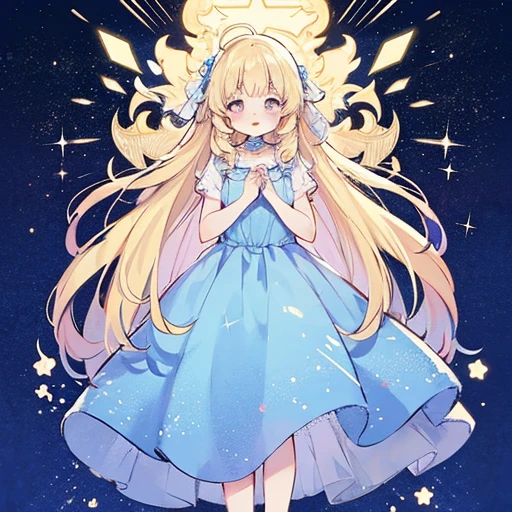 complex background, wishing star background, a blonde woman with big messy hair, wearing an ethereal mystical blue translucent dress that reflects the stars, perfume promo art, mystic, complex drawing, highly detailed, promo art, artistic rendition, ethereal, starry night, midjourney style
