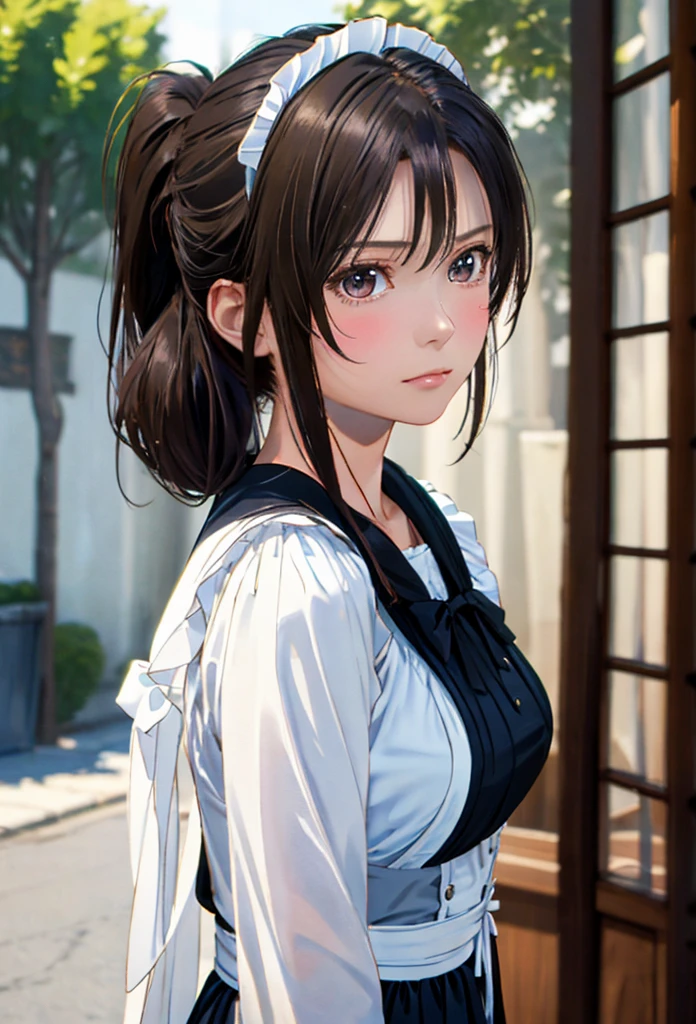 8K, of the highest quality, masutepiece:1.2), (Realistic, Photorealsitic:1.37), of the highest quality, masutepiece, Beautiful young woman, Pensive expression,、A charming、and an inviting look, Cute Maid Clothes, Hair tied back, Cinematic background, Light skin tone