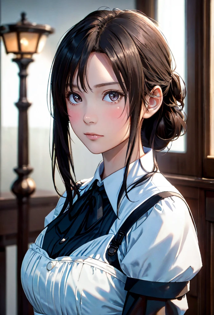 8K, of the highest quality, masutepiece:1.2), (Realistic, Photorealsitic:1.37), of the highest quality, masutepiece, Beautiful young woman, Pensive expression,、A charming、and an inviting look, Cute Maid Clothes, Hair tied back, Cinematic background, Light skin tone