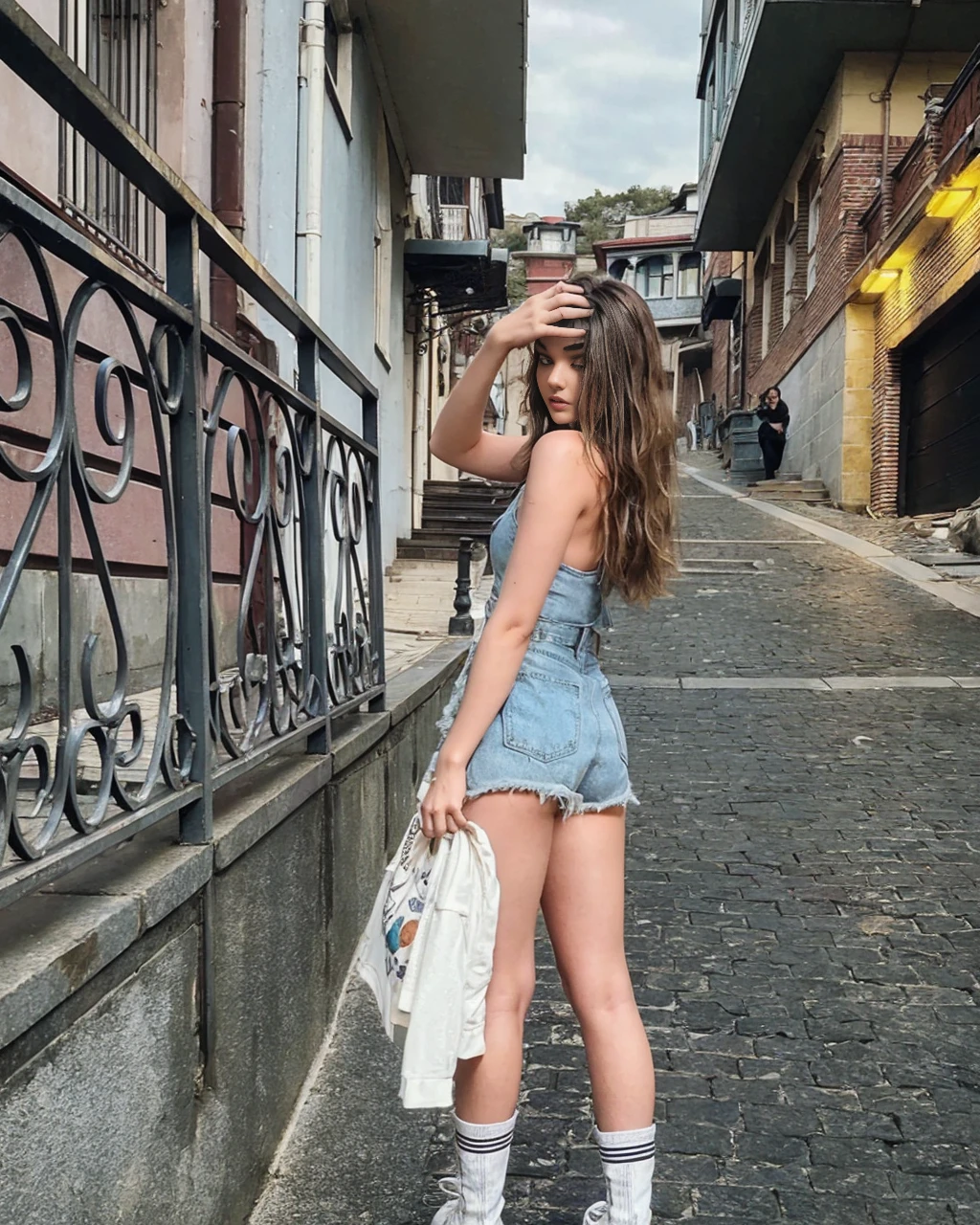 Camren Bicondova, (((woman))), (((best quality person))), (masterpiece、highest quality:1.2), cowboy shot, solo, 1 girl, shirase sakuya, laughter, look at the audience, high ponytail, , collared shirt, tie, skirt、black leather thigh boots、high heels、expensive、long legs、thighs thighs thighs、full body image、expensive、Absolute area、european face