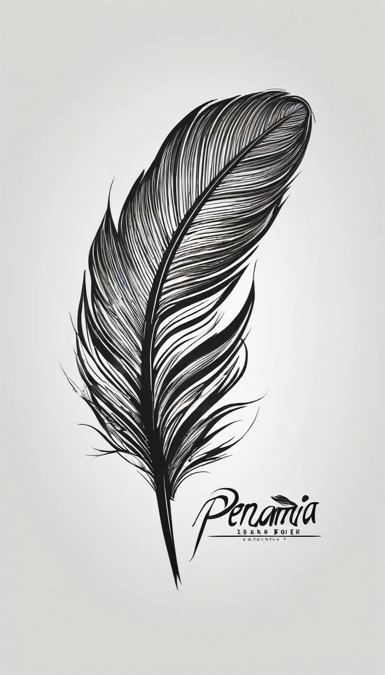 Create a logo design of a special, unique, poetic, minimalistic feather that represents a special creative brand called " Penamemoria". The brand is created by an artist called Rafael Figueiras. The logo must convey the sense of storytelling and music. Must include a boy, one acoustic guitar, a feather and a fantastic bird. Logo design and icon design present and impressed on a white t-shirt.