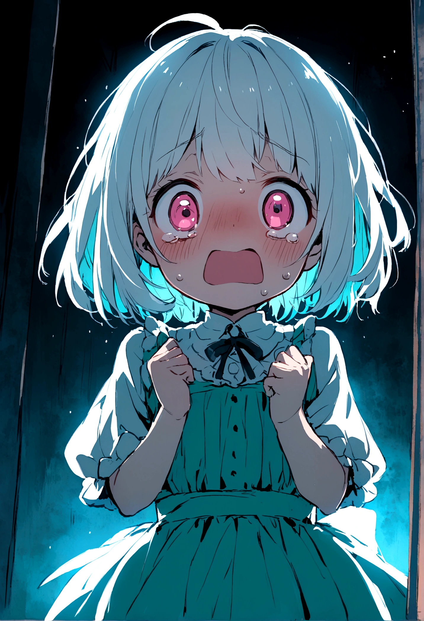 Loli,White hair,short hair,Scared expression