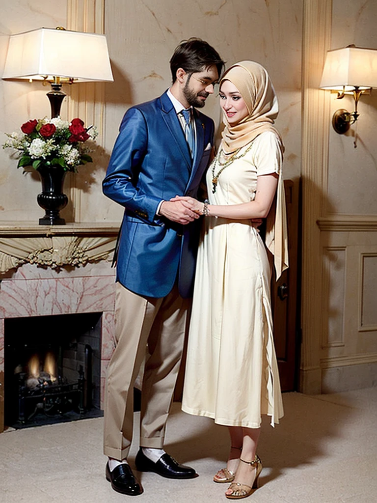 4d caricature, in an elegant room with beautifully decorated walls, there stood two people celebrating a formal event.  The first person on the left is wearing a traditional blue patterned shirt and beige trousers, complete with brown shoes.  Meanwhile, the second person on the right is wearing a long blue dress with gold accents and a matching hijab, combined with brown sandals.  They stood side by side, showing a special celebratory atmosphere. Very realistic, extreme details, photography, UHD 8k, caricature, 