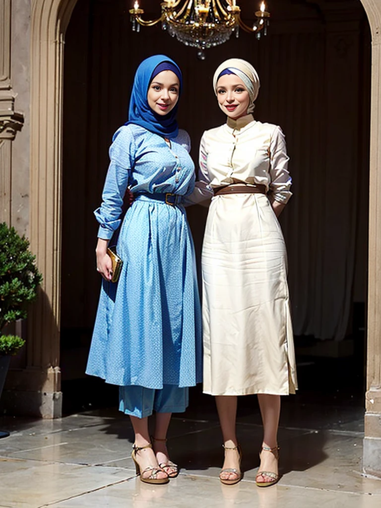 4d caricature, in an elegant room with beautifully decorated walls, there stood two people celebrating a formal event.  The first person on the left is wearing a traditional blue patterned shirt and beige trousers, complete with brown shoes.  Meanwhile, the second person on the right is wearing a long blue dress with gold accents and a matching hijab, combined with brown sandals.  They stood side by side, showing a special celebratory atmosphere. Very realistic, extreme details, photography, UHD 8k, caricature, 