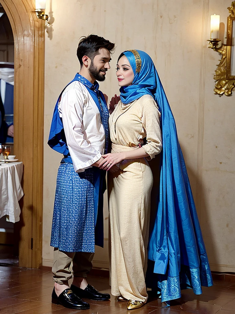 4d caricature, in an elegant room with beautifully decorated walls, there stood two people celebrating a formal event.  The first person on the left is wearing a traditional blue patterned shirt and beige trousers, complete with brown shoes.  Meanwhile, the second person on the right is wearing a long blue dress with gold accents and a matching hijab, combined with brown sandals.  They stood side by side, showing a special celebratory atmosphere. Very realistic, extreme details, photography, UHD 8k, caricature, 