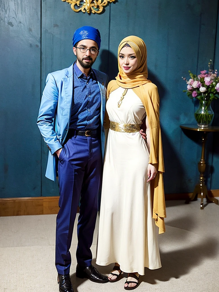 4d caricature, in an elegant room with beautifully decorated walls, there stood two people celebrating a formal event.  The first person on the left is wearing a traditional blue patterned shirt and beige trousers, complete with brown shoes.  Meanwhile, the second person on the right is wearing a long blue dress with gold accents and a matching hijab, combined with brown sandals.  They stood side by side, showing a special celebratory atmosphere. Very realistic, extreme details, photography, UHD 8k, caricature, 