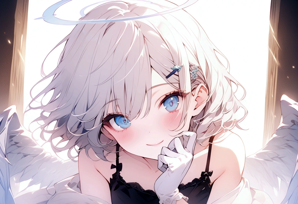 beautiful, masterpiece, Highest quality, anime, One girl, C Cup,Portrait Shot, View your viewers, Intricate details,>,((Covered、Short Hair、nearby、Blue Eyes、art、、White hair,Blue streaked hair、wallpaper、、white_gloves、hairpin、smile、Angel、Thighs、Halo、Wolf Cut、lotion、Lying on your back、side、camisole
