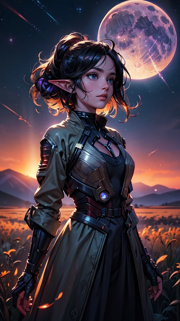 expansive landscape photograph , (a view from below that shows sky above and open field below), a girl standing on flower field looking up, (full moon:1.2), ( shooting stars:0.9), (nebula:1.3), distant mountain, tree BREAK production art, (warm light source:1.2), (Firefly:1.2), lamp, lot of purple and orange, intricate details, volumetric lighting BREAK (masterpiece:1.2), (best quality), 4k, ultra-detailed, (dynamic composition:1.4), highly detailed, colorful details,( iridescent colors:1.2), (glowing lighting, atmospheric lighting), dreamy, magical, (solo:1.2),detailed face, detailed eyes, detailed hands, colors,elf woman