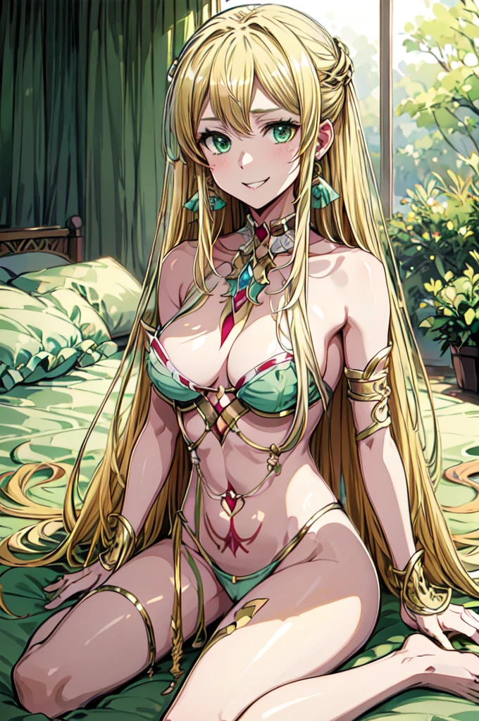 a charming smile, Aphrodite Danmachi, blonde hair, green eyes, long hair, earring, bijouterie, revealing clothes, (wariza), (inside, bedroom, in bed), (masterpiece, best quality, very detailed, best shadow), snood, hypnosis, heart tattoo on lower abdomen