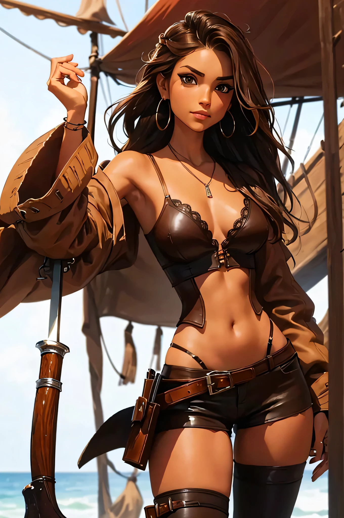 (masterpiece), best quality, expressive eyes, perfect face, (pirate ship background), (standing), (smirk), (closeup view), (1girl, vanessa alessia, dark skin, tanned skin, brown hair, wavy hairstyle, brown eyes, hourglass figure, thin body, skinny body, petite_body, medium breasts, thick thighs, long fingernails, , white front lace blouse, long sleeve, loose fit, brown leather corset, brown leather shorts, brown boots, sheathed cutlass sword, flintlock pistol in holster, hoop earrings, miscellaneous jewelry)