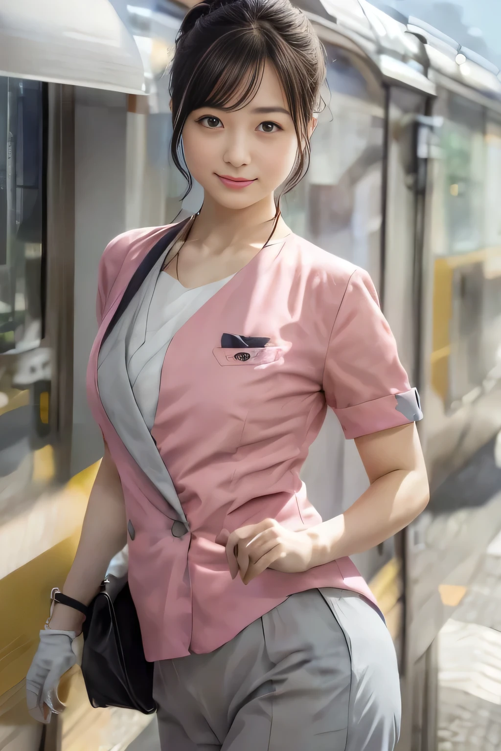 (masterpiece:1.2, Highest quality:1.2), 32K HDR, High resolution, (alone、1 girl)、 (Height: 160cm)、(On the rooftop of a building in the daytime、Professional Lighting)、Building rooftop background、(Nankai train crew uniform pinkを着たリアルスタイル)、(Nankai train crew uniform pink short sleeve collarless pink jacket、Nankai Train Crew Uniform Pink Collarless Short Sleeve Blouse、Nankai Train Crew Uniform Pink Grey Knee-length Culottes)、Dark brown hair、(Hair tied up、Hair tied up、Evening curly hairstyle)、Dark brown hair、Long Shot、Big Breasts、Thin legs、((Great hands:2.0)),((Harmonious body proportions:1.5)),((Normal limbs:2.0)),((Normal finger:2.0)),((Delicate eyes:2.0)),((Normal eyes:2.0)))、smile、(Nankai Train Crew Uniform Pink Grey Knee-length Culottesを見せた美しい歩く姿)、Place your hands around your stomach、Lanyard employee ID card