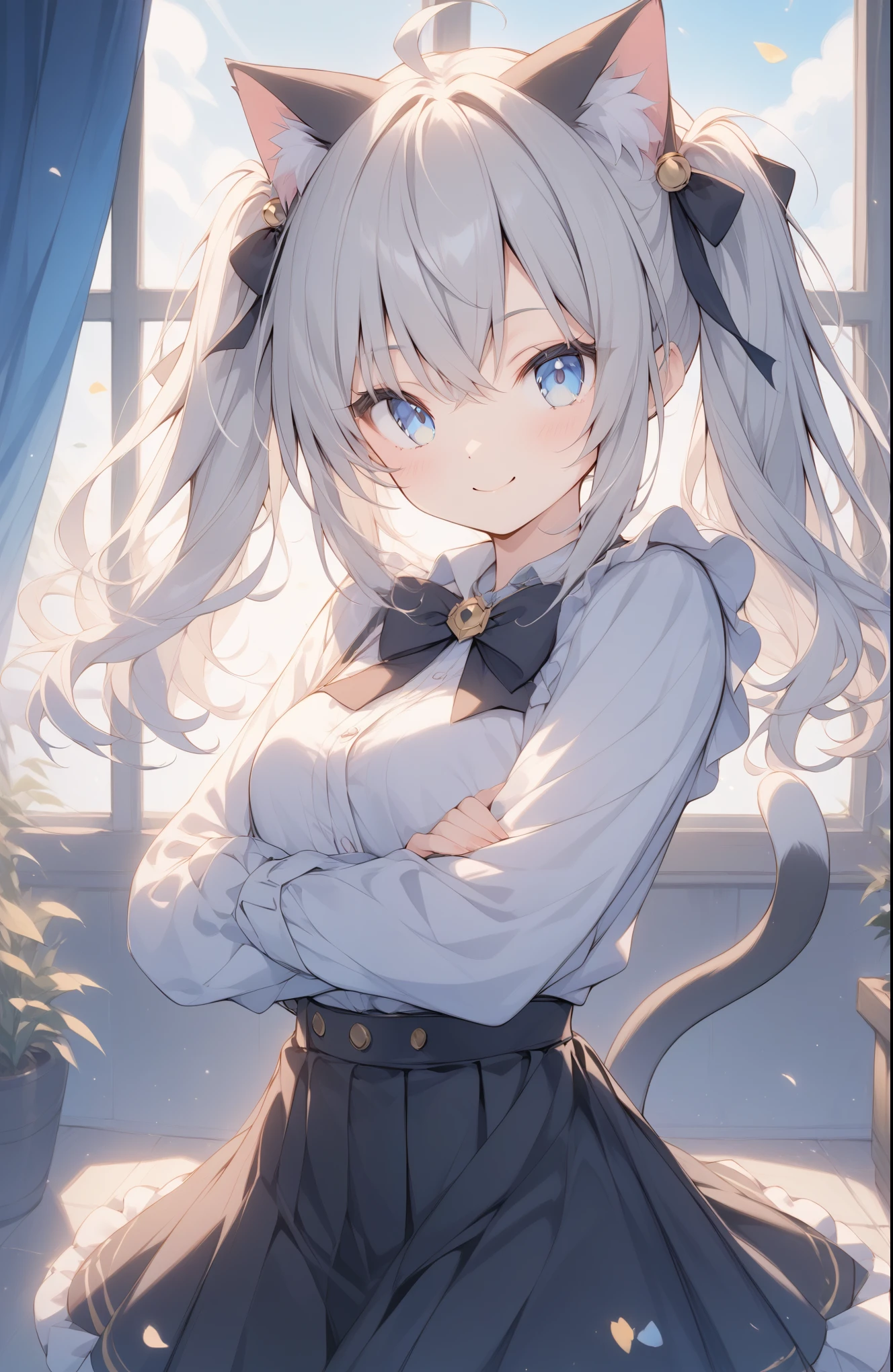 超High resolution, Attention to detail, high quality, High resolution, 最high quality, 4K, 8k, Awards, (artwork)、((Black cat)),Black hair twin tails、Female student、uniform、cute、Blue Eyes、((I have a cat on my head))