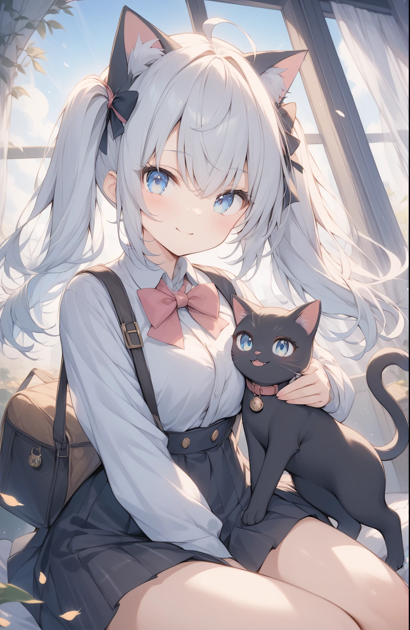 超High resolution, Attention to detail, high quality, High resolution, 最high quality, 4K, 8k, Awards, (artwork)、((Black cat)),Black hair twin tails、Female student、uniform、cute、Blue Eyes、((I have a cat on my head))