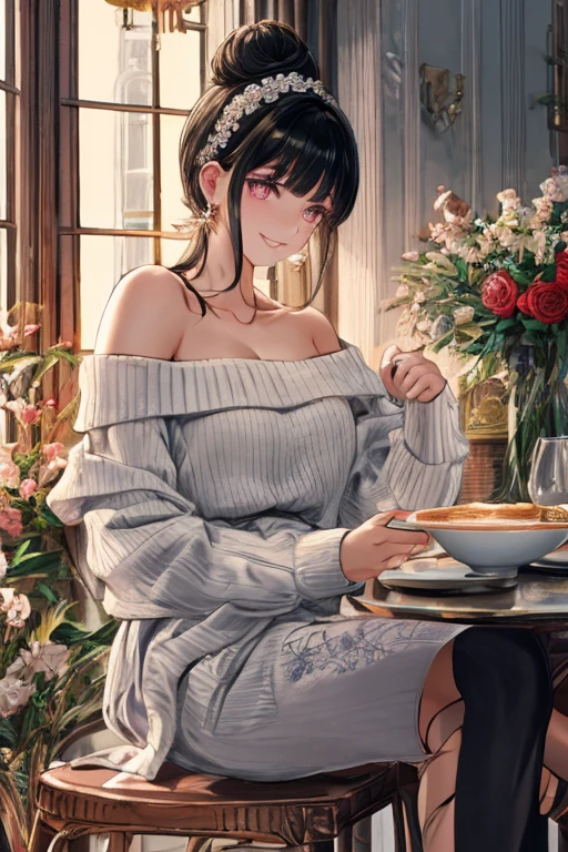 masterpiece, yor, 1girl, Amazing Cleavage:1.3, thin waist, big ass, Raised sexy, medium breast: 1.8 posed cleavage:1.2、solo, looking at viewer, open mouth, have a cup of coffee,black hair, red eyes, dress, bare shoulders, jewelry, collarbone, sidelocks, hairband, earrings, indoors, off shoulder, :o, sweater, arms behind back, plant, short hair with long locks, white hairband, off-shoulder dress, sweater dress, off-shoulder sweater, red sweater, big side hair, very long side hair,is rendered in (masterpiece: 1.2, best quality), with (ultra high resolution) and an exquisite (depth of field). This masterpiece is not only visually stunning but also tells, make of cake cooking ,in the kitchen