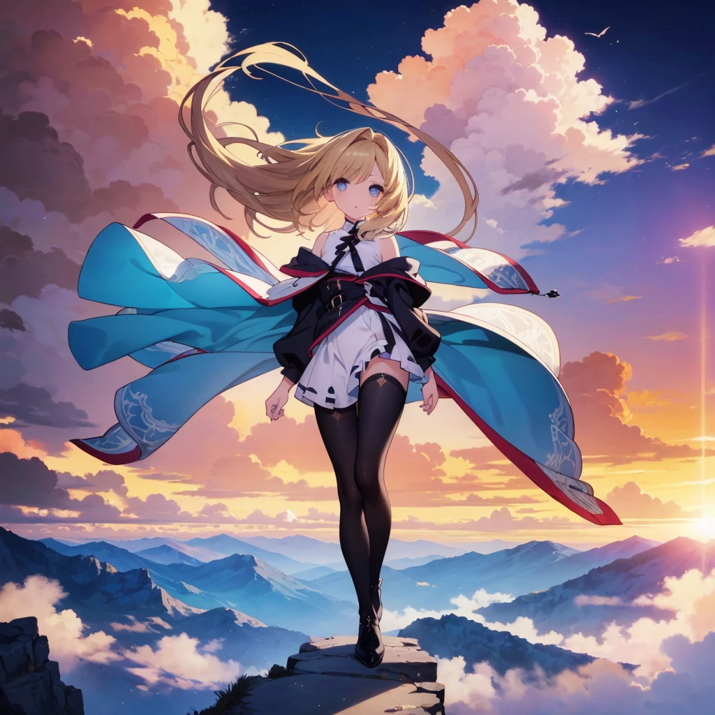 a blonde-haired girl standing on a mountain, beautiful detailed eyes, beautiful detailed lips, extremely detailed eyes and face, long eyelashes, elegant pose, detailed flowing dress, sunlight, dramatic lighting, mountainous landscape, majestic mountains, lush foliage, dramatic sky, warm color palette, photorealistic, 8k, cinematic, epic, masterpiece
