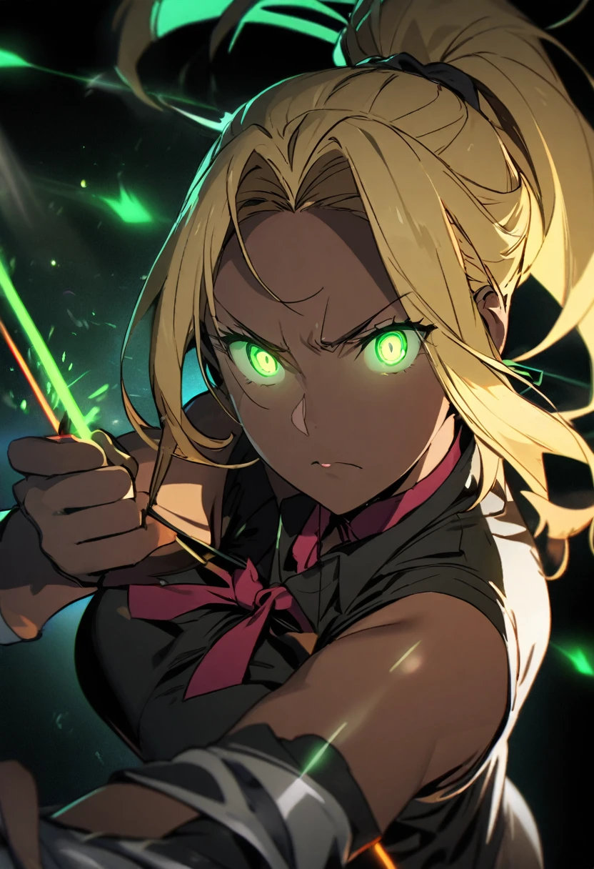 girl, mature, blond hair, ponytail, green eyes, dark skin, using a bow, glowing eyes, light arrow