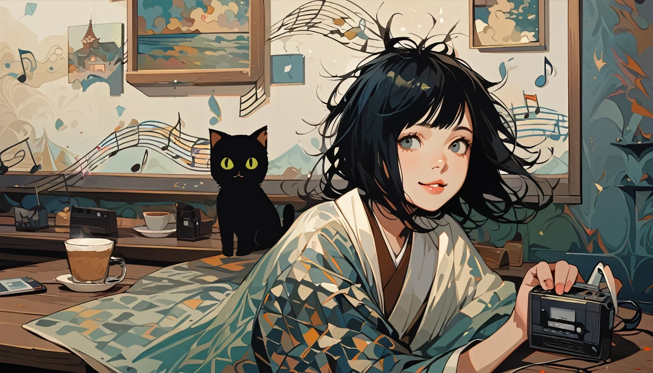 ((Masterpiece, high resolution, highest quality, highest quality real texture skin)), (1 girl), (wearing Japanese pattern headphones), (slender, double round and large Eyes, tongue slightly sticking out, beautiful lips, whole body), (wearing Japanese pattern haori: 1.4, Japanese pattern shorts: 1.3) , (black hair, beautiful shiny hair, bob, beige skin), (((Smiling and drinking iced coffee))), (((Cafe with a calm atmosphere))), (((One black cat))), (((Music plays from a Showa era radio cassette player))), (Black hair, messy hair, beige skin), (Surreal, digital painting), ((80&#39;s anime vibe))