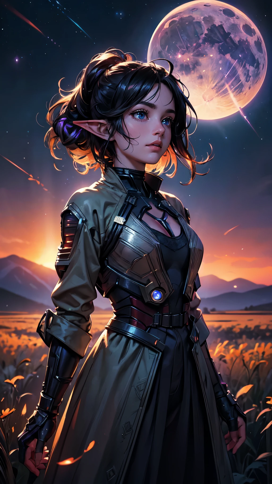 expansive landscape photograph , (a view from below that shows sky above and open field below), a girl standing on flower field looking up, (full moon:1.2), ( shooting stars:0.9), (nebula:1.3), distant mountain, tree BREAK production art, (warm light source:1.2), (Firefly:1.2), lamp, lot of purple and orange, intricate details, volumetric lighting BREAK (masterpiece:1.2), (best quality), 4k, ultra-detailed, (dynamic composition:1.4), highly detailed, colorful details,( iridescent colors:1.2), (glowing lighting, atmospheric lighting), dreamy, magical, (solo:1.2),detailed face, detailed eyes, detailed hands, colors,elf woman