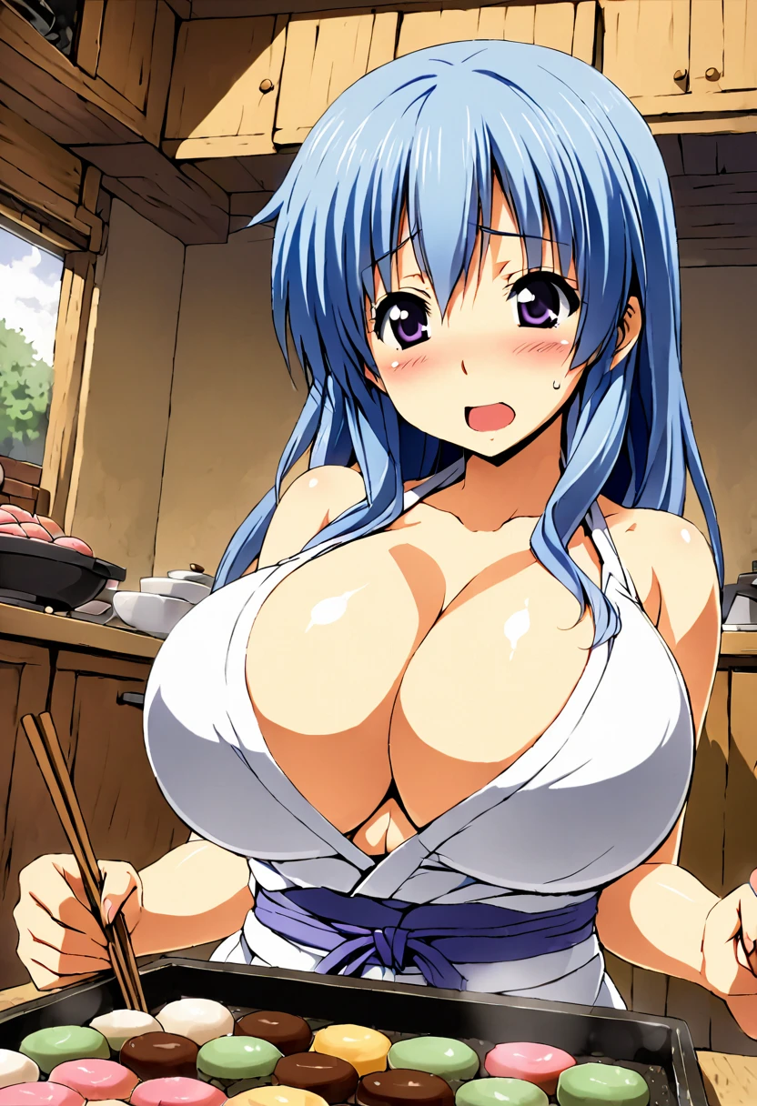 Best quality, movie quality, craftsman girl making Japanese sweets, background (kitchen, Japan), girl wearing kappogi, girl (, blue hair, big breasts, sexy), early morning