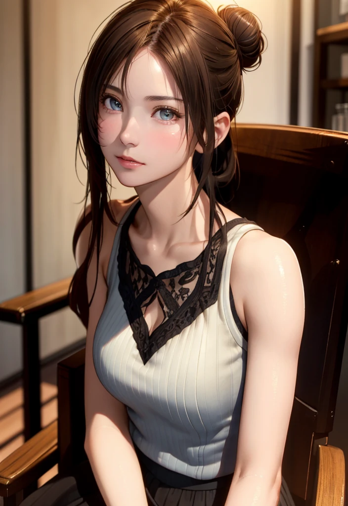 8K,Best Quality, masutepiece, 超A high resolution, (Photorealistic:1.4), Raw photo, (Authentic skin texture:1.3), (Film grain:1.3), (Selfie angle),1girl in, Bun hairstyle, Brown hair, Sitting, Chair, bored, Hand supporting chin, beautiful detailed eyes and face,masutepiece, Best Quality,close-up,upper bod,