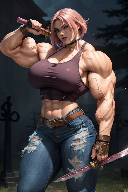 (((((Massive, beautiful, light brown skinned, buff, muscular female vampire slayer with shocking pink hair, black lipstick, ginormous bulky muscles, brandishing a katana and wearing a tight tank top and tight denim pants))))), (close view), (massive muscles), massive biceps, hyper muscle shoulders, vascular shoulders, hyper muscle triceps, (angled bob cut), red eyes, (gauntlets), denim pants, chain belt, choker, thigh high heels, katana sword, (in a moonlit graveyard), fingerless gloves, closed smile, night, hyper vascular arm, hyper muscles arms, hyper muscle legs, massive arms.