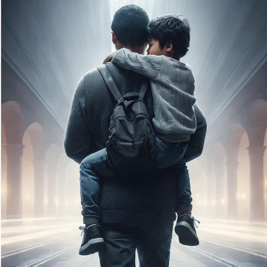 Complete Father's Day image, a Hispanic man walks backwards carrying his little 3-year-old son. Photorealism, full view, highly detailed image, very realistic, hyperrealism, Ultra HD, 8k, 5, sharp focus, intricate and mysterious masterpiece. (Long exposure photography Highly detailed close-up portrait art illustration: final quality, medium shot, backlit, rich and striking. Enigmatic and mysterious manipulations (rule of thirds composition), ((detailed environment with strong lines) The best quality, in camera , white light, warm and clean aesthetics, dazzling screen composed of millions of bright ultraviolet rays, HDR.