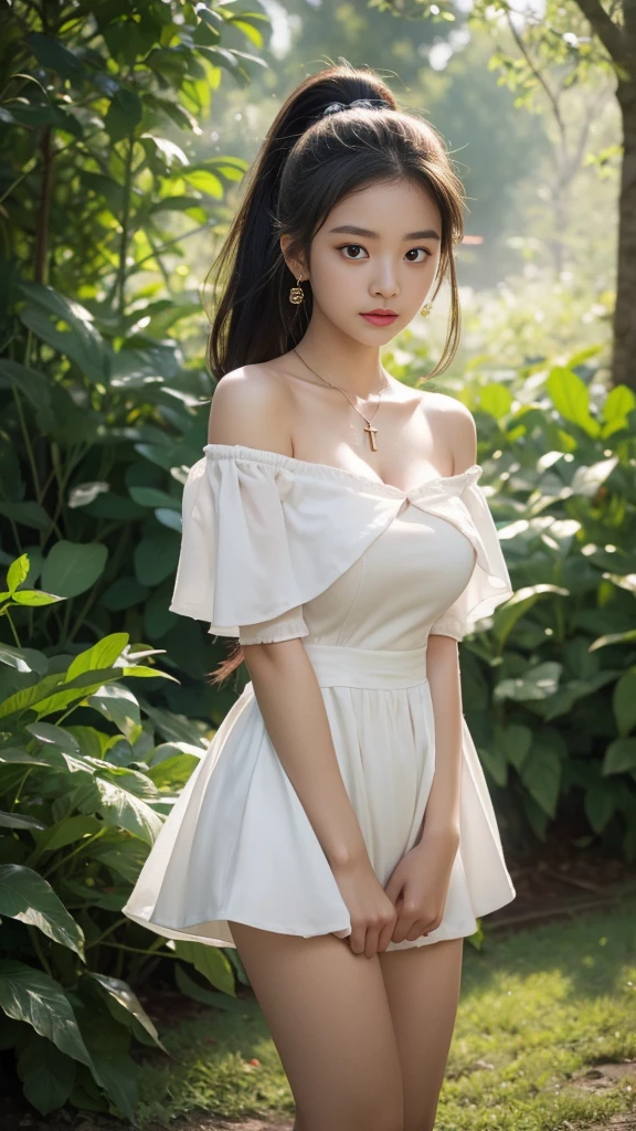 TWICE tzuyu、body、Full body Esbian、standing, leaning forward, hands on knees、raise your butt high、Very small waist、(very big breasts:1.3)、ponytail、plump thighs、natural skin、Extra-fine face、 extra thin hands, Very thin fingers, Best ratio、surreal, ((cute dress、Exposing too much skin、off shoulder、The length is short and the thighs are visible))、cheeks turn red、body covered in 、Cross Necklace、((18-year-old female:1.2))、young adorable japanese face, official art,Highly detailed CG Unity 8K wallpaper,(masterpiece:1.0),(highest quality:1.0), Super detailed, photo shoot, 8K, nffsw, High resolution, kodak portrait 400, film grain, lens flare glow,portrait shot,View viewer