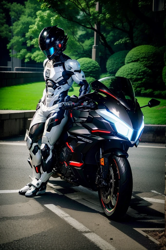 Muscular,Handsome full body black mecha White short hair cyber handsome warrior, Black cybernetic motorcycle, High-tech black full face helmet, White short hair, Noel, biology, MSHN Staff, High-tech helmet, Surrealism, steel, Complex design, Crazy details, Fine details, The lines are very clear, Light, Photorealism, A meticulous masterpiece