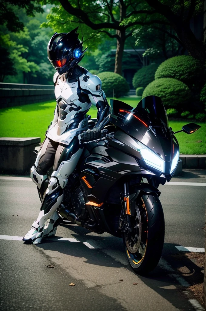Muscular,Handsome full body black mecha White short hair cyber handsome warrior, Black cybernetic motorcycle, High-tech black full face helmet, White short hair, Noel, biology, MSHN Staff, High-tech helmet, Surrealism, steel, Complex design, Crazy details, Fine details, The lines are very clear, Light, Photorealism, A meticulous masterpiece
