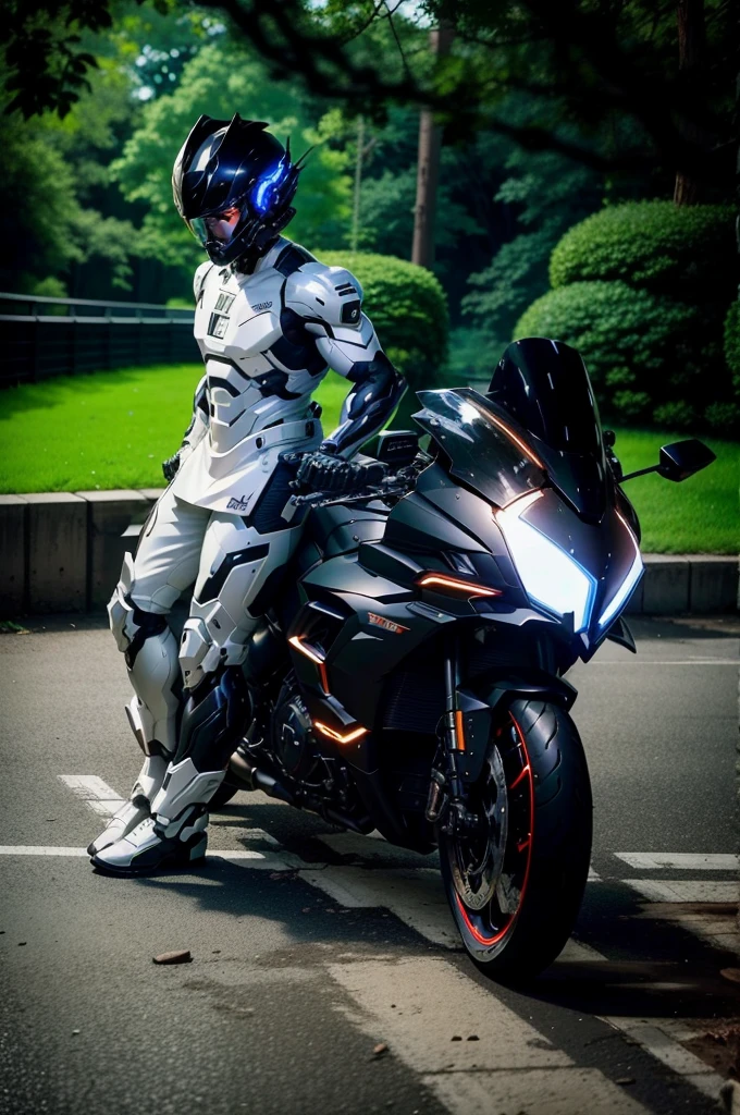 Muscular,Handsome full body black mecha White short hair cyber handsome warrior, Black cybernetic motorcycle, High-tech black full face helmet, White short hair, Noel, biology, MSHN Staff, High-tech helmet, Surrealism, steel, Complex design, Crazy details, Fine details, The lines are very clear, Light, Photorealism, A meticulous masterpiece