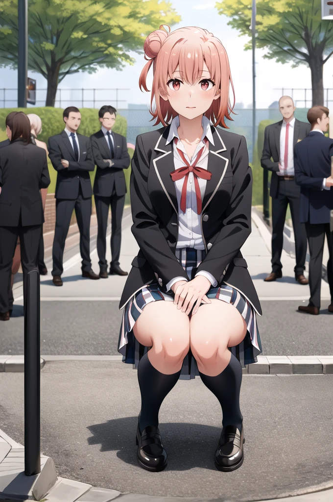 masterpiece, Highest quality, High resolution, Ahyu, short hair, Single hair bun, Red eyes, chest, clavicle, Neck ribbon, White shirt, Dress shirt, blazer, Black jacket, Open jacket, Long sleeve, Checked skirt, squatting in front,Pink pants are visible,Being watched by some guys,Cowboy Shot, Outdoor, 