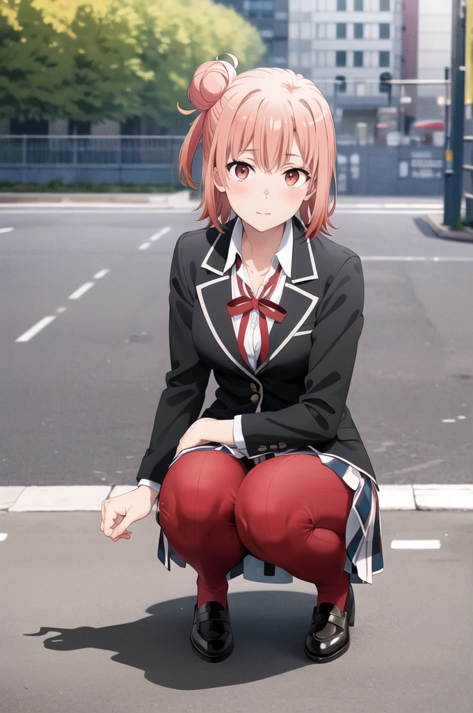 masterpiece, Highest quality, High resolution, Ahyu, short hair, Single hair bun, Red eyes, chest, clavicle, Neck ribbon, White shirt, Dress shirt, blazer, Black jacket, Open jacket, Long sleeve, Checked skirt, squatting in front,Pink pants are visible,Being watched by some guys,Cowboy Shot, Outdoor, 