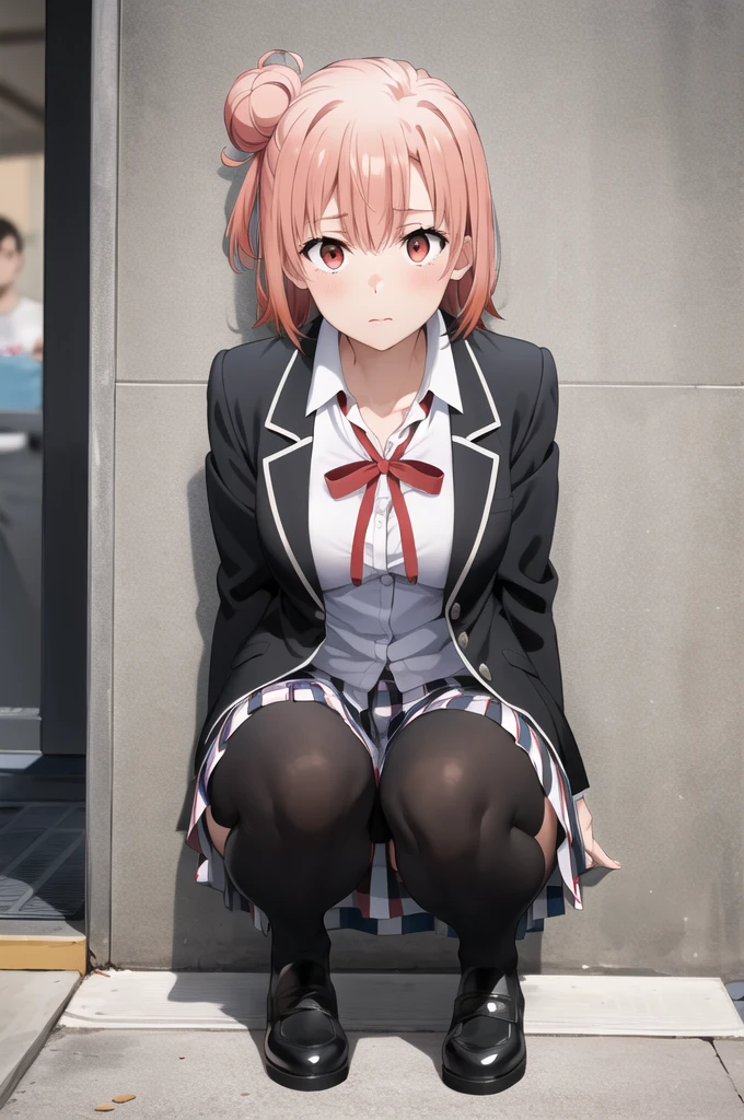 masterpiece, Highest quality, High resolution, Ahyu, short hair, Single hair bun, Red eyes, chest, clavicle, Neck ribbon, White shirt, Dress shirt, blazer, Black jacket, Open jacket, Long sleeve, Checked skirt, squatting in front,Pink pants are visible,Being watched by some guys,Cowboy Shot, Outdoor,