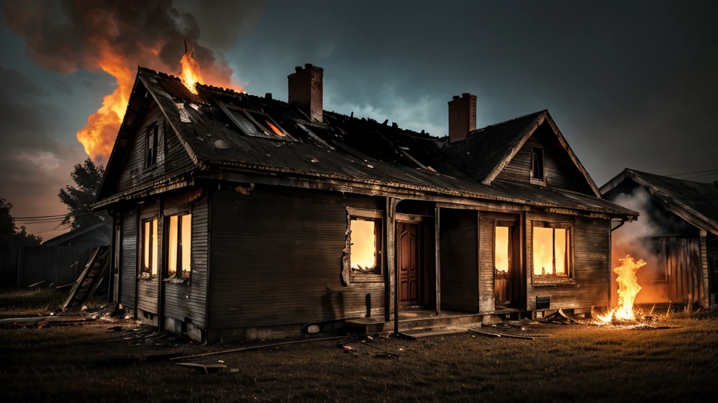 realistic a old house behind the male character which eqip a red cap, carry handgun with torch, dark back ground, the house is abandoned and fire 🔥in the house,high resolution, ultra HD, high definition, HD, 4K.