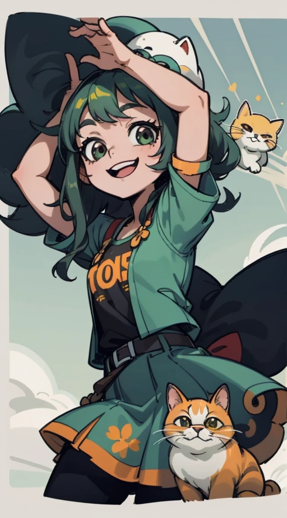 Timida, asustada, ojeras, fondo verde claro, sonrisa de gato , loli , cabello largo