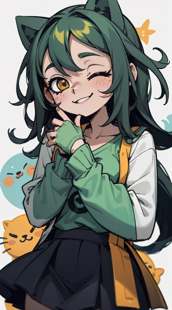 Timida, asustada, ojeras, fondo verde claro, sonrisa de gato , loli , cabello largo 