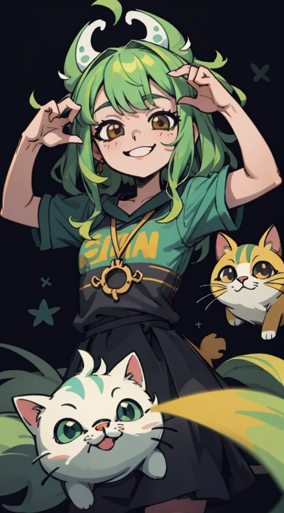 Timida, asustada, ojeras, fondo verde claro, sonrisa de gato , loli , cabello largo