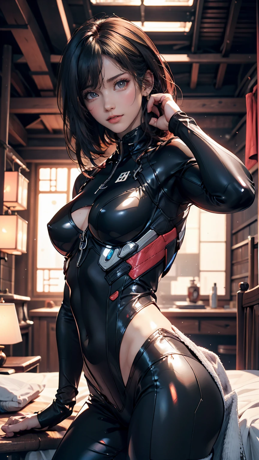 Ghost in the Shell Motoko Kusanagi,One eye is glowing red:1.2,Black leather tight suit:1.2, Sexy proportions、sexy pose、Brush your hair back