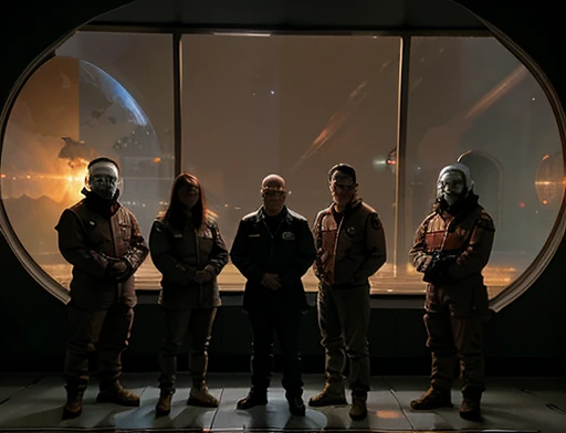 A team of scientists and General Carlos stand in front of a huge spaceship window observing the strange gray and red planet.