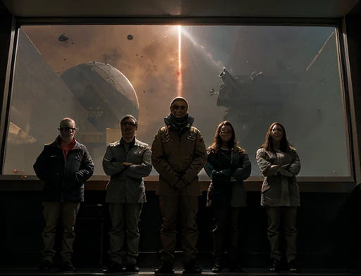 A team of scientists and General Carlos stand in front of a huge spaceship window observing the strange gray and red planet.