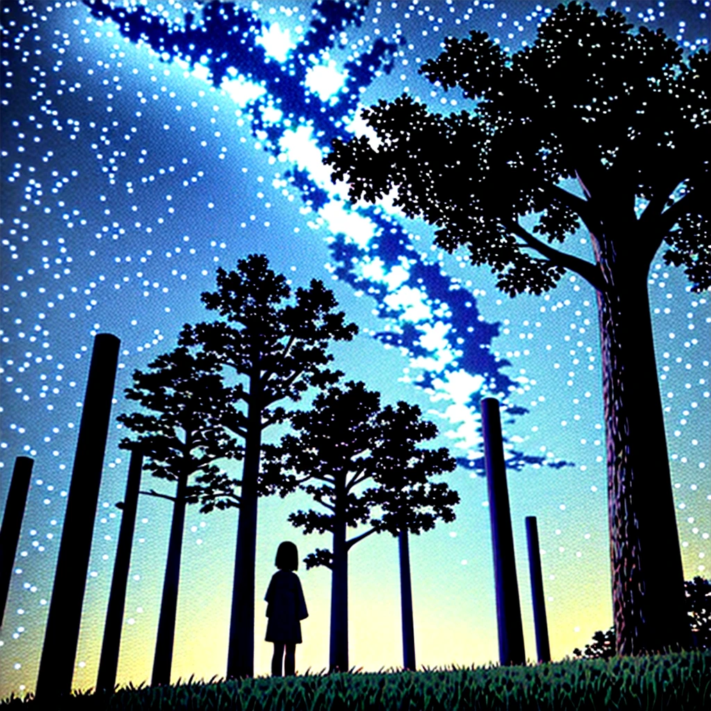 Night Sky、large tree、Girl Turning Around