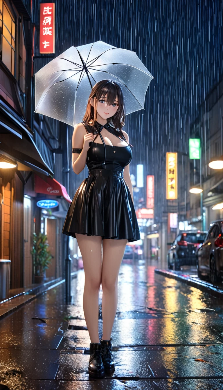1 Girl, 18 years old, Mix 4, (8K, RAW photos, best quality, masterpiece:1.2), (Practical, photoPractical:1.37), Lovely, night, rain, wet, Professional lighting, Photon Mapping, Radiosity, Physically Based Rendering, Super Resolution, (Large Breasts:1.2)