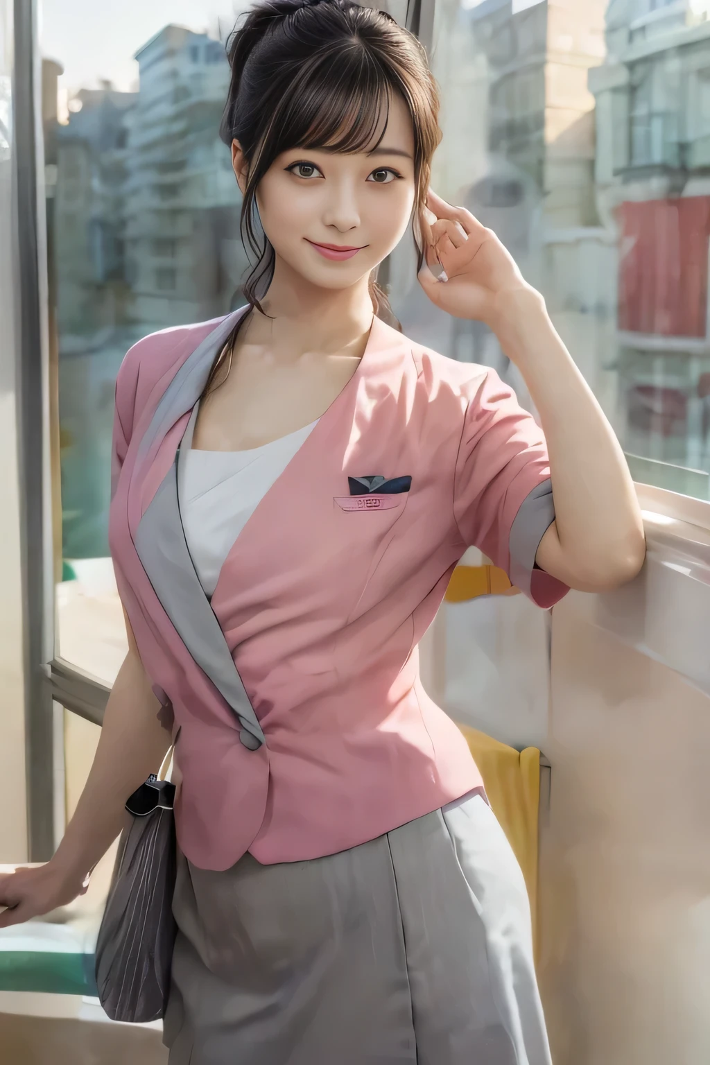 (masterpiece:1.2, Highest quality:1.2), 32K HDR, High resolution, (alone、1 girl)、 (Height: 160cm)、(On the rooftop of a building in the daytime、Professional Lighting)、Building rooftop background、(Nankai train crew uniform pinkを着たリアルスタイル)、(Nankai train crew uniform pink short sleeve collarless pink jacket、Nankai Train Crew Uniform Pink Collarless Short Sleeve Blouse、Nankai Train Crew Uniform Pink Grey Knee-length Culottes)、Dark brown hair、(Hair tied up、Hair tied up、Evening curly hairstyle)、Dark brown hair、Long Shot、Big Breasts、Thin legs、((Great hands:2.0)),((Harmonious body proportions:1.5)),((Normal limbs:2.0)),((Normal finger:2.0)),((Delicate eyes:2.0)),((Normal eyes:2.0)))、smile、(Nankai Train Crew Uniform Pink Grey Knee-length Culottesを見せた美しい歩く姿)、Place your hands around your stomach、Lanyard employee ID card