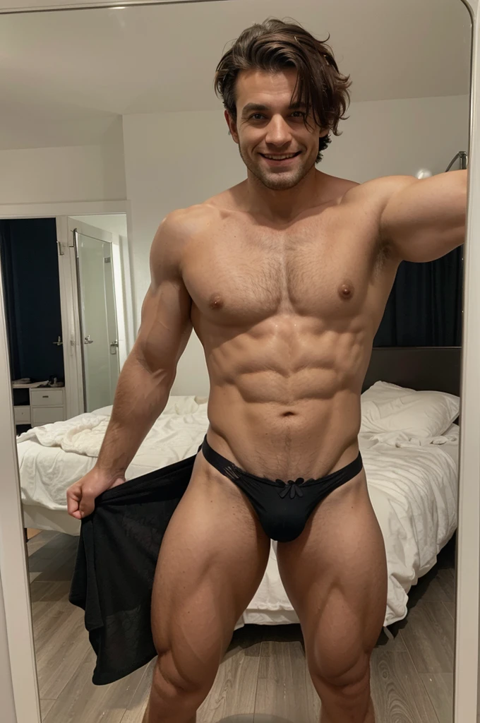 A mirror selfie of a bkack haired european man wearing a shirt and he have muscles (thong:1.2), casual photo, smiling