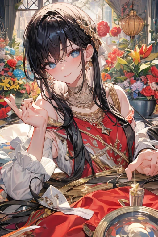 (((Masterpiece))),(((Super Detail))),(((in 8K))),(((best composition))),(((Rim lighting,Fireglow effect,deep shadow))),solo),Beautiful fingers,Detailed finger features,(Detailed hair features:1.7),(Dynamic and sexy bending pose:1.3),detailed facial features,detailed clothes features, (perky chest:1.1), (pointed chest:1.3), delicate beautiful face, Bright blue eyes, cute eyes, sparkling eyes, Big eyes, beautiful detailed eyes,double bun with glittering hair ornament:0.6,(super detailed glossy skin:1.3),slender body,goddess smile,((with sparkling eyes and a contagious smile)),beautiful posture,have a cup of coffee,black hair, red eyes, dress, bare shoulders, jewelry, collarbone, sidelocks, hairband, earrings, indoors, off shoulder, sweater, arms behind back, plant, short hair with long locks, white hairband, off-shoulder dress, sweater dress, off-shoulder sweater, red sweater, big side hair, very long side hair,(super delicate floral pattern:1.2),seductive cleavage:1.3,beautiful glossy legs,shiny red high heels,lifting dishes with cakesd,french restaurant,hustle and bustle,rising steam,(((depth of fields)))