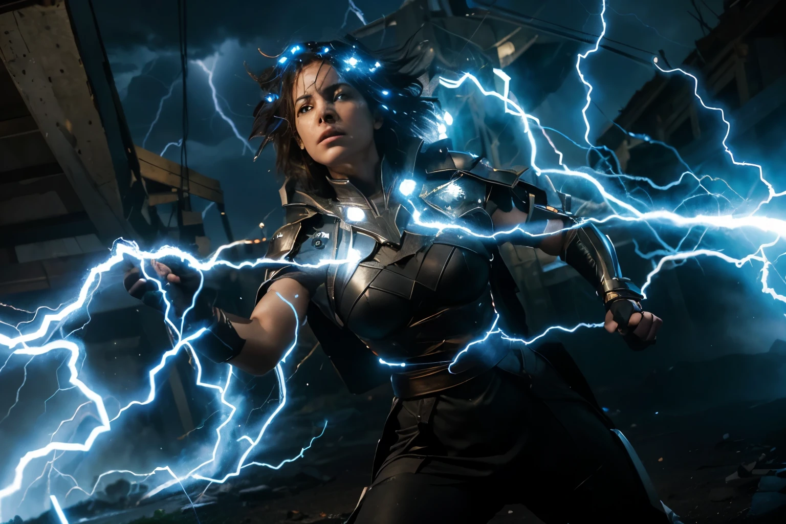 (Best quality, 8k, 32k, Masterpiece, UHD:1.2), "Transform the scene into a dynamic and electrifying moment where a character is surrounded by and emerging from a storm of lightning, energy, and power. Picture the character at the epicenter of a powerful electrical storm, with arcs of lightning crackling around them and illuminating the surroundings with intense flashes of blue and white light. ((jump)) ((jumping))

The character's form is shrouded in a swirling vortex of raw energy, their silhouette glowing with a radiant aura. Bolts of lightning strike the ground and radiate outward, creating a web of electrical currents that pulse with life. The air is charged with static, and the ground beneath the character trembles from the sheer force of their power.

The character’s stance is one of dominance and control, their eyes glowing with an otherworldly intensity. Their attire and any visible equipment should appear to be infused with energy, emphasizing their connection to the elemental forces at play.

Capture the interplay of light and shadow as the lightning illuminates the scene, casting dramatic contrasts and highlighting the character’s commanding presence. The surrounding environment should reflect the chaos and intensity of the storm, with debris swirling and objects electrified by the immense power. ((jumping))

The scene should evoke a sense of awe and excitement, showcasing the character's overwhelming strength and their mastery over the elemental forces of lightning and energy."