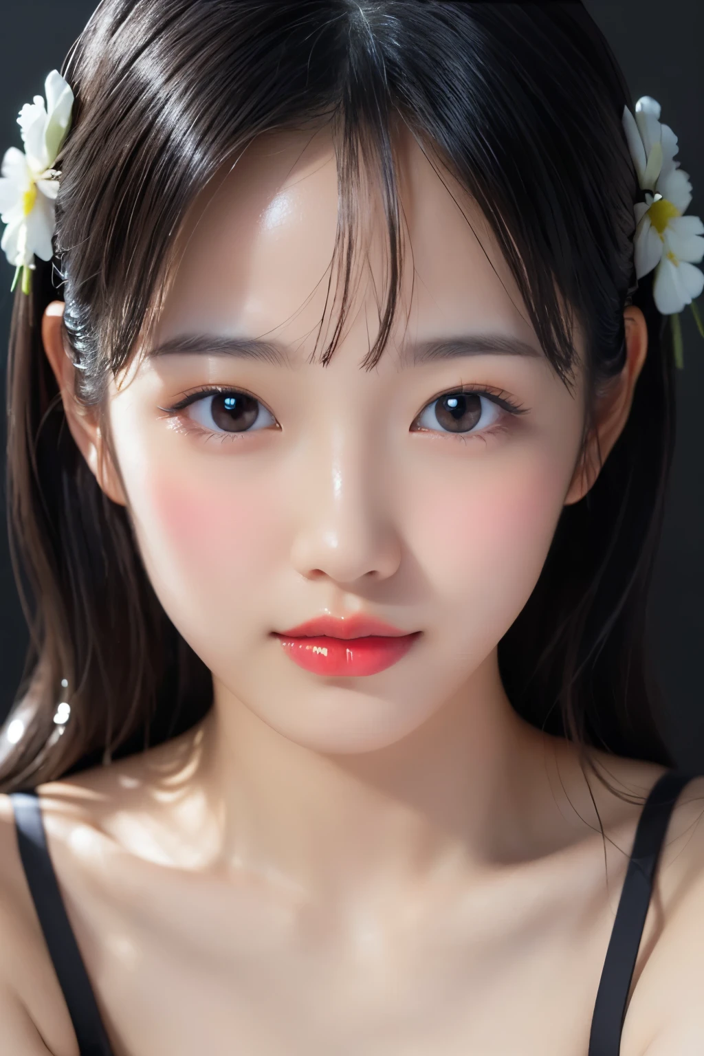 (Highest quality、Tabletop、8k、Best image quality、Award-winning works)、Cute beauty、(naked:1.6)、(nude:1.4)、(The simplest pure black background:1.5)、(Face close-up:1.7)、Beautiful and exquisite、Expressionless、(look straight at me:1.1)、(stand upright facing forward:1.1)、(Perfect Makeup:1.1)、(Bright lipstick:1.1)、Ultra-high definition beauty face、Ultra HD Hair、Ultra HD Shining Eyes、(Closed lips:1.1)、Ultra-high quality, vibrant and glossy lip color、Accurate anatomy、Very beautiful skin、Ultra high resolution and beautiful, Glowing Skin、An elegant upright posture when viewed from the front